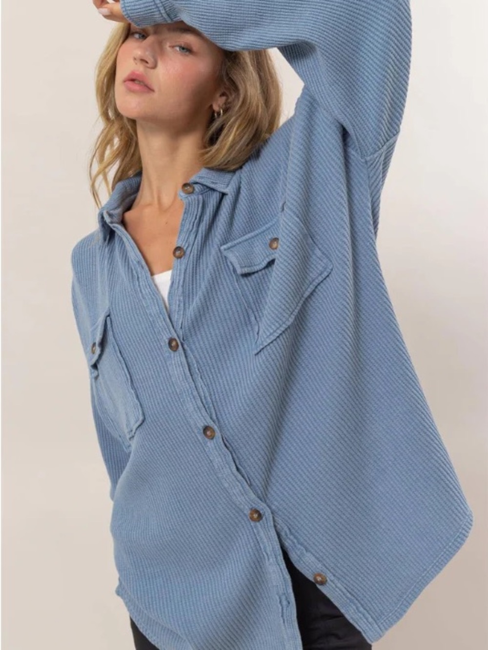Mioni Italy Waffle Knit Oversized Shacket Corduroy Coastal Luxe Boho Earth Small